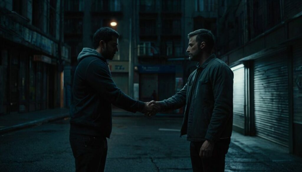 Leonardo_Kino_XL_dark_corner_of_a_city_two_guy_shaking_hands_1