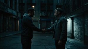 Leonardo_Kino_XL_dark_corner_of_a_city_two_guy_shaking_hands_1