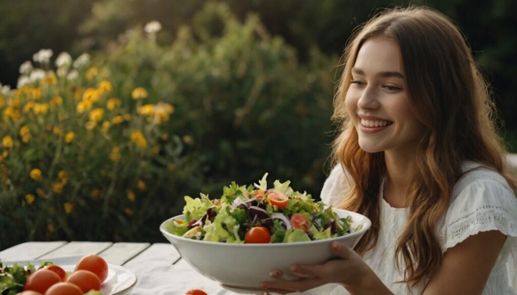 Leonardo_Kino_XL_young_woman_in_white_dress_eating_a_big_salad_2
