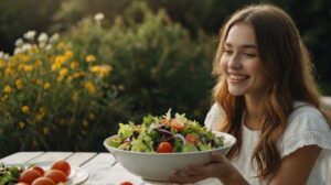 Leonardo_Kino_XL_young_woman_in_white_dress_eating_a_big_salad_2