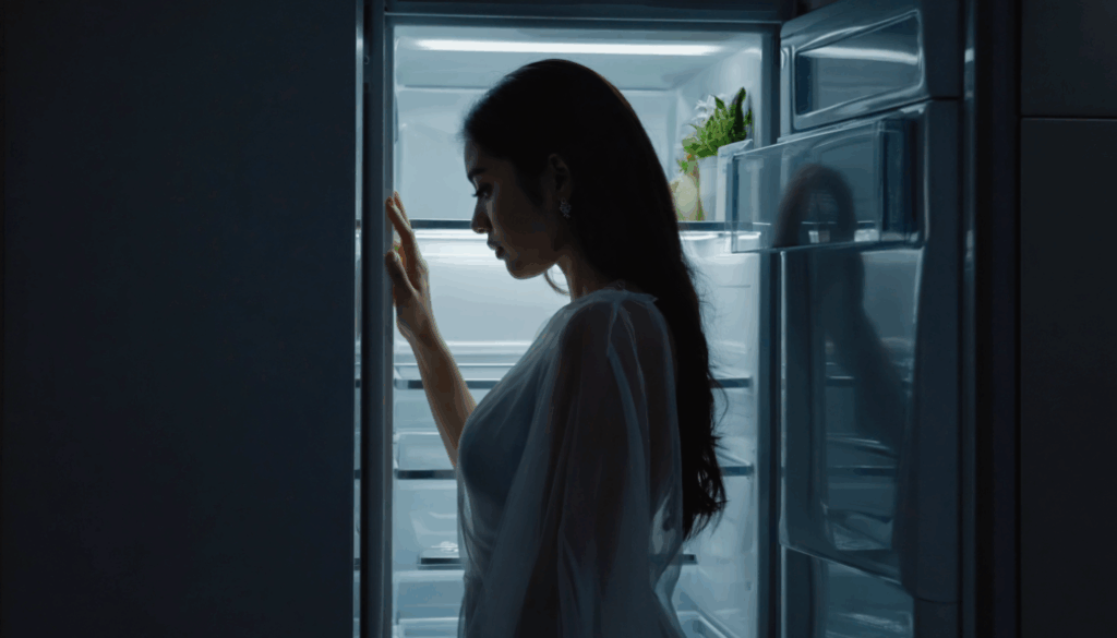 Firefly_Runway_woman wearing tiny white nightdress in front of a fridge, the low light is illuminati 82977
