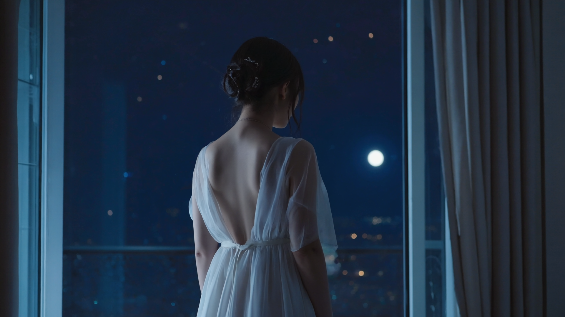 Firefly_Runway_woman wearing tiny white transparent nightdress, standing in front of a big window, 82977 CBD und Schlafprobleme