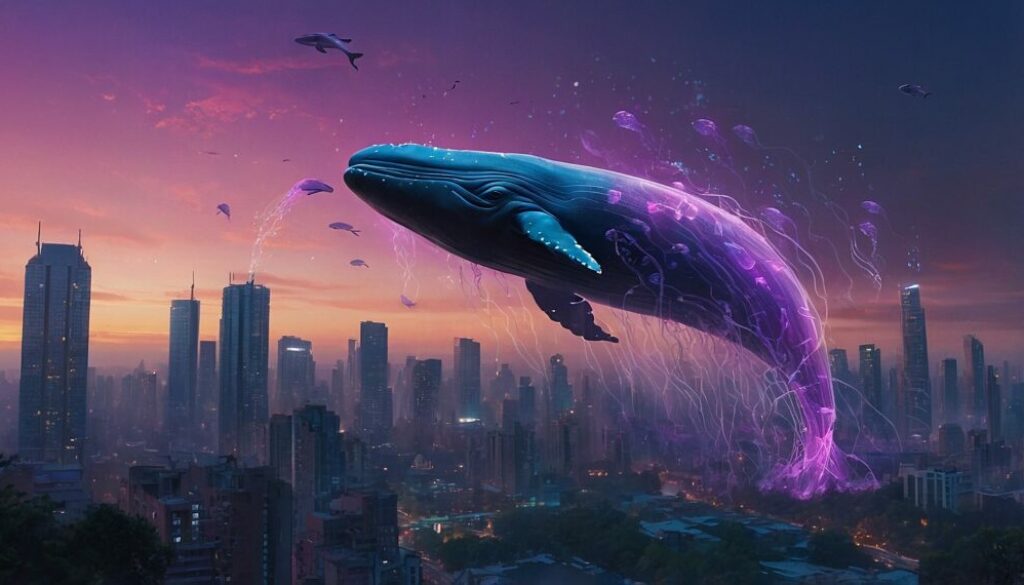 Leonardo_Kino_XL_A_giant_whale_floats_in_the_sky_above_a_futur_0