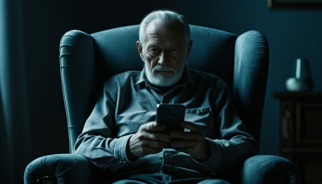 Phoenix_10_old_man_sitting_in_armchair_watching_hier_smartphon_3