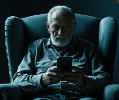 Phoenix_10_old_man_sitting_in_armchair_watching_hier_smartphon_3